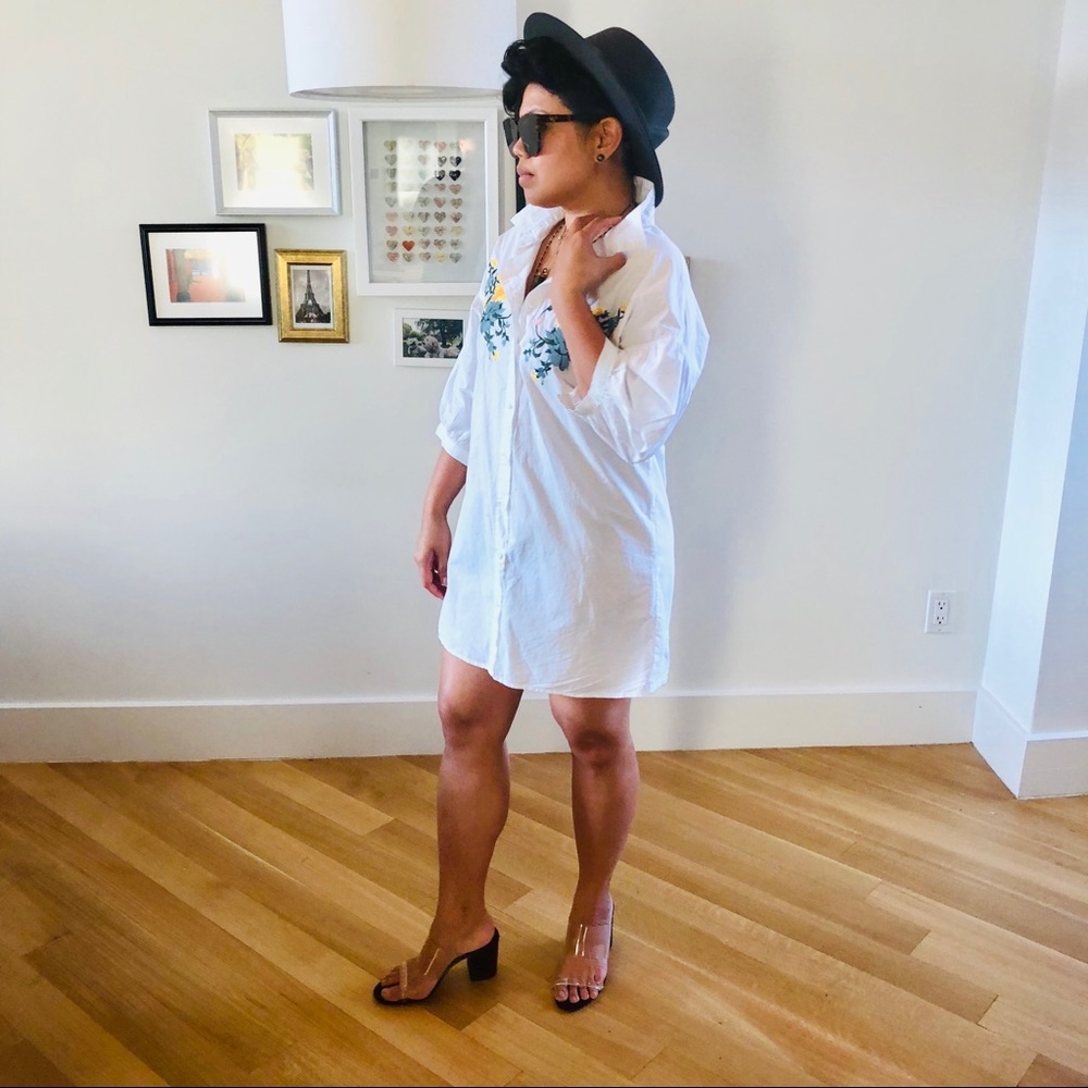 White Button Down Shirt Dress w Floral Embroidery - Picture 3 of 6